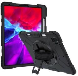 Apple iPad Pro 12.9 (2020), Műanyag hátlap védőtok, szilikon belső, kitámasztóval, kézpánt, Defender, fekete - tok-shop