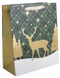 Dísztasak matt karácsonyi 18x23 cm zöld és arany rénszarvasos