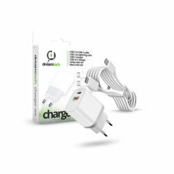 dreamtech PD Charger Set USB-C+A 20W+QC3.0-s adapterrel és USB-C / Lightning kábellel FEHÉR