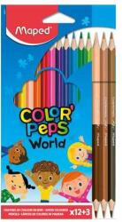 Maped Set de creioane colorate, triunghiular, MAPED Color`Peps World, 12 culori diferite + 3 creioane cu capăt dublu pentru tonuri de piele (832071)