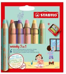 STABILO Set de creioane colorate, rotunde, groase, STABILO "Woody 3 in 1 Pastel", 6 culori pastelate diferite (8806-3)