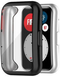 Huawei Watch Fit, Szilikon védőkeret, közepesen ütésálló, szíj nélkül, fémhatású, fekete - tok-shop
