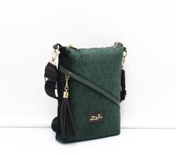 Zellia sötétzöld művelúr anyagában pöttyös / zöld erezett női textil / rostbőr válltáska