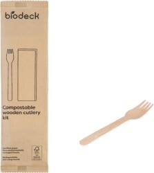 Biodeck Set Tacamuri de Unica Folosinta, Biodegradabile, Lemn, Furculita si Servetel Kraft, 100 Bucati (SET-LEMN-SL-FSK-250)