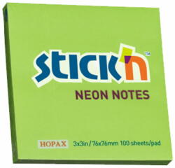STICK'N Notes autoadeziv 76x76 mm, 100 file, STICK'N Neon - Verde (HO-21167)