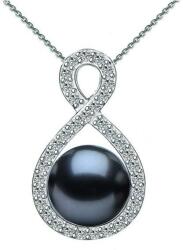 Cadouri si Perle Colier Argint cu Pandantiv Argint Infinit, Pavat cu Zirconii si Perla Naturala Neagra de 7-8 mm