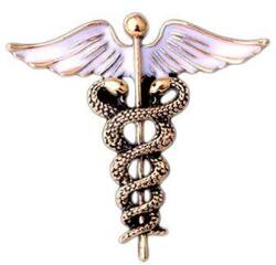 Brosa unisex model caduceus de culaore alba cu auriu