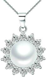 Cadouri si Perle Colier Argint cu Pandantiv Argint Floare, Pavat cu Zirconii si Perla Naturala Alba de 7-8 mm