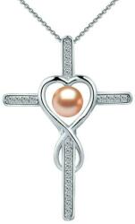 Cadouri si Perle Colier Argint cu Pandantiv Argint Crucifix Pavat cu Zirconii si Perla Naturala Crem de 6-7 mm