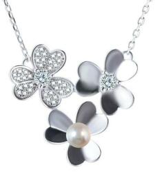 Cadouri si Perle Colier Argint cu Pandantiv Argint Flower, Pavat cu Zirconii si Perla Naturala Alba de 7-8 mm