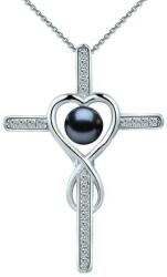 Cadouri si Perle Colier Argint cu Pandantiv Argint Crucifix Pavat cu Zirconii si Perla Naturala Neagra de 6-7 mm