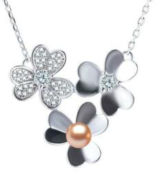 Cadouri si Perle Colier Argint cu Pandantiv Argint Flower, Pavat cu Zirconii si Perla Naturala Crem de 7-8 mm