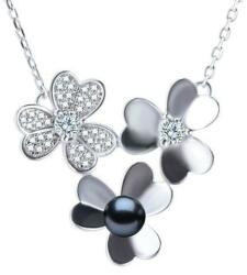 Cadouri si Perle Colier Argint cu Pandantiv Argint Flower, Pavat cu Zirconii si Perla Naturala Neagra de 7-8 mm