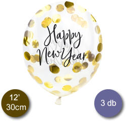 PartyDeco S. r. o Léggömb, átlátszó, Happy New Year felirattal, konfettivel, 3 db
