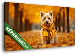 Vászonkép: Partner Kollekció: Westie kutyus sállal az őszi avaron(145x80 cm)