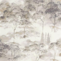 Költői természeti ábrázolás - erdő pehelyszerű ködben fehér szürke sötétszürke és barna tónus tapéta (89552387)