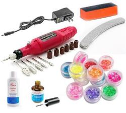 Girls Corner Kit Unghii, Freza electrica pentru unghii, Buffer, Degresant, Top coat, 12 Sclipici, Pila unghii