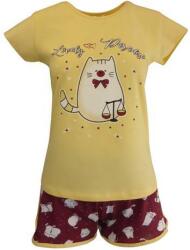 Univers Fashion Pijama dama, Univers Fashion, bluza galben cu imprimeu pisica, pantaloni scurti grena cu imprimeu pisici, XL