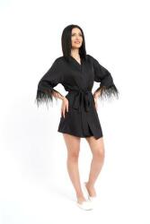  Kimono Negru din Satin de Matase cu Pene de Strut marime M