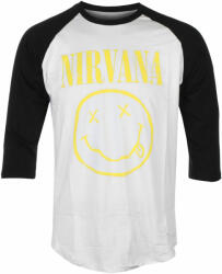 ROCK OFF Tricou pentru bărbați cu mâneci 3/4 Nirvana - Yellow Happy Face - Alb/Negru Raglan - ROCK OFF - NIRVRAG04WB