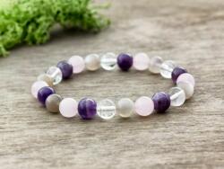 R. M. ékszer Ametiszt rózsakvarc hegyikristály és holdkő ásvány karkötő (5168-RM-18)