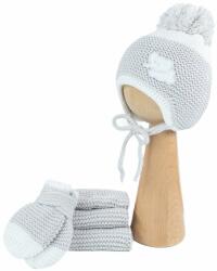  Újszülött kötött akril fülvédős és megkötős sapka + sál + kesztyű szett - Szürke elefánt (0-4 hónap)