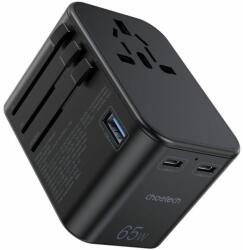 Choetech PD5009 GaN 2xUSB-C + USB 65W PD hálózati töltő utazó adapterrel - fekete (PD5009-BK)