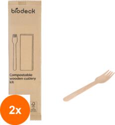Biodeck Set 2 x 100 Tacamuri de Unica Folosinta, Biodegradabile, Lemn, Furculita si Servetel Kraft (OIB-2xSET-LEMN-SL-FSK-250)