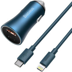 Baseus Golden Contactor Pro autós töltő, USB + USB-C, QC4.0 +, PD, SCP, 40 W (kék) + USB-C - Lightning kábel 1 m (kék) - mobilehome