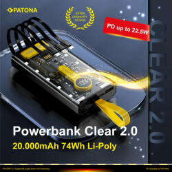 PATONA Powerbank CLEAR 2.0 (20.000mAh) (PD 22, 5W) (1x USB-C) (2x USB-A) (4 integrált töltőkábellel) (9970) (9970)
