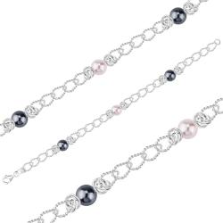 Ekszer Eshop 925 ezüst karkötő - könnycsepp alakú láncszemekkel, rózsaszín és két sötétszürke szintetikus gyönggyel