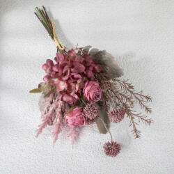 Rózsa, hortenzia, pitypang, rozmaring, pampafű kombináció - 42cm magas művirág csokor, rózsaszín összeállítás (AF062-01)