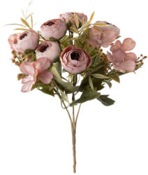  5 ágú hortenziás tearózsa selyemvirág csokor, 25cm magas - Púder rózsaszín (AF053-03)