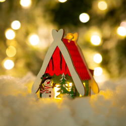 Family Karácsonyi LED dekor házikó - melegfehér - fa - 2 féle - 6, 9 x 8, 9 x 6 cm - 12 db / display (58940B)