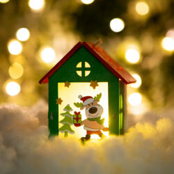 Family Karácsonyi LED dekor házikó - melegfehér - fa - 2 féle - 7, 5 x 9, 5 x 5, 5 cm - 12 db / display (58940A)