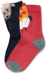 Tchibo 2 pár kisgyerek zokni, állatos, sötétkék/piros 1x sötétkék többszínű kötött birkafejjel, 1x piros többszínű kötött csirkefejjel 31-34