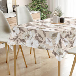 Goldea față de masă decorativă loneta - flori albe și maro cu frunze 80 x 80 cm