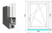  90x120 cm, bukó-nyíló, jobbos, antracit/fehér, háromrétegű üvegezésű EkoSun 70 CL műanyag ablak