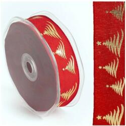 Karácsonyi textilszalag - piros / arany fenyőfás - 25 mm x 10 méter (Q441203)