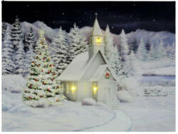 CQ-73 Világító ledes falikép karácsonyi havas templom + karácsonyfa 30 cm X 40 cm