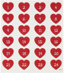 CCHOBBY Karácsonyi matrica, adventi naptár, számok 1-24-ig, szív alakú, 15x17cm (CRC-291151) - mesescuccok