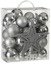 Christmas Gifts Karácsonyi függődísz-gömb készlet csúcsdísszel, 40 db, törhetetlen műanyag, ezüst (XEH25220274)