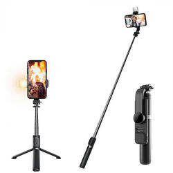 Techsuit - Selfie Stick (Q02S) - Összecsukható stabil állvány LED-del és Bluetooth távirányítóval, 105 cm - Fekete (KF2313359)