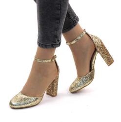 Zibra Sandale elegante de dama cu glitter, toc inalt si gros 8681-1-GOLD (8681-1-GOLD_2741)