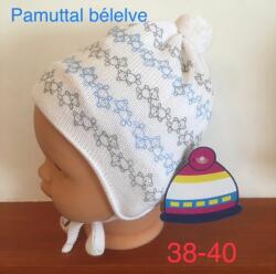  Vastag kötött baba sapka pamut béléssel - Fehér kék/szürke macis (38-40 cm fejkörfogat)