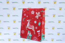 Szidibox Karton Sodrottfüles papírtáska, papírszatyor 32x41+12cm piros "rénszarvasos" karácsony (SZID-01531)