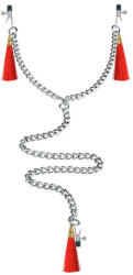 Lovetoy Nipple Clit Tassel Clamp With Chain - mellcsipesz (ezüst-piros)