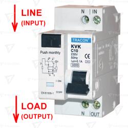 TRACON Disjunctor cu protecţie diferenţială, 2P, 2 module, curba B 10A, 30mA, 3kA, AC, E3 (KVKB-10/03)