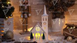 TRACON Biserică de Crăciun cu LED, culoare albă, din lemn, cu bat. Timer 6+18h, 4LED, 3000K, 3xAA (CHRWHCHW4WW)