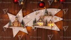 TRACON Stea LED de Crăciun cu peisaj, alb, din lemn, cu baterii Timer 6+18h, 13LED, 3000K, 2xAA (CHRBSTWW13WW)